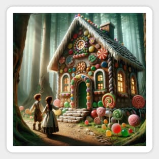 Whimsical Encounter in the Woods: Hansel and Gretel's First Glimpse of the Gingerbread Cottage Magnet